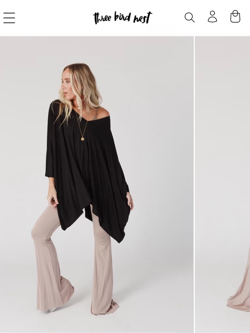 Three Bird Nest Black Asymmetric Off-Shoulder Tunic